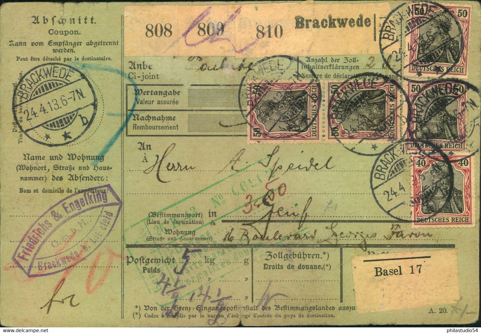 1913, Paketkarte Ab BRACKWEDE Mit Germania MeF Nach - Autres & Non Classés