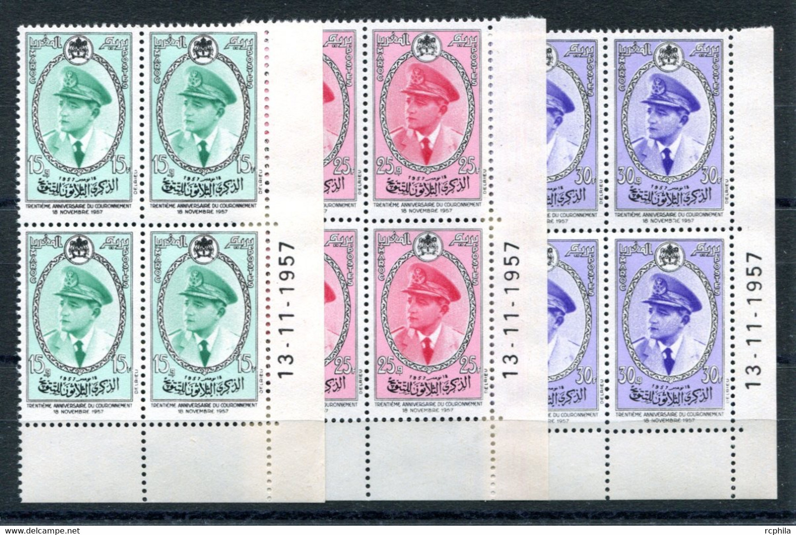 RC 22569 MAROC COTE 24€ N° 380 / 382 CORONNEMENT DE MOHAMED V BLOC DE 4 COIN DATÉ NEUF ** MNH TB - Maroc (1956-...)