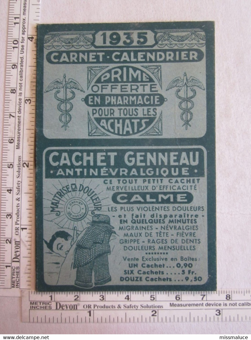 Carnet Calendrier Pharmacie 1935 Cachet Genneau Endor Rhumatispyrine Médecine - Petit Format : 1921-40