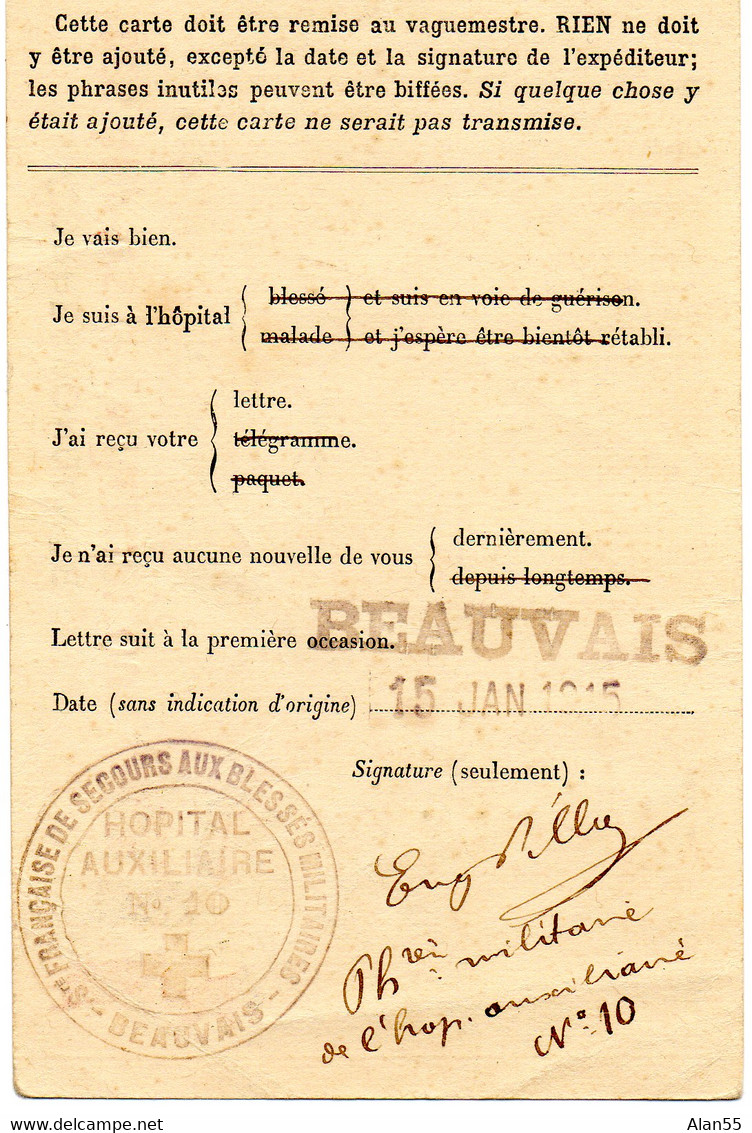 1915. CARTE SANITAIRE A Bis."T.P.62". "HOPITAL AUXILIAIRE N°10.S.S.B.M. BEAUVAIS (OISE) - Guerra Del 1914-18