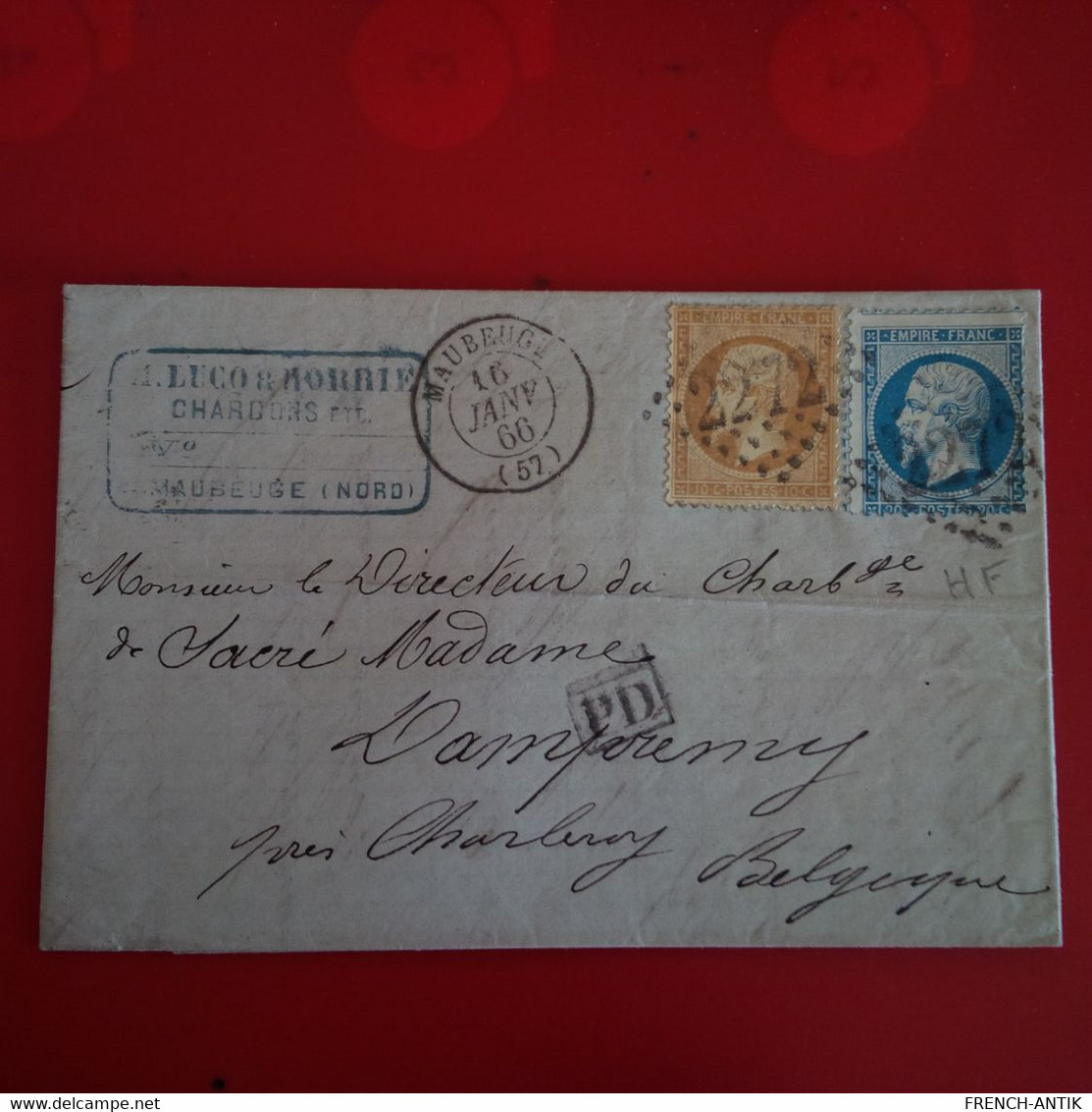 LETTRE MIXTE MAUBEUGE POUR DAMPREMY PRES CHARLEROI BELGIQUE CACHET NOIR PD 1866 - 1863-1870 Napoleone III Con Gli Allori