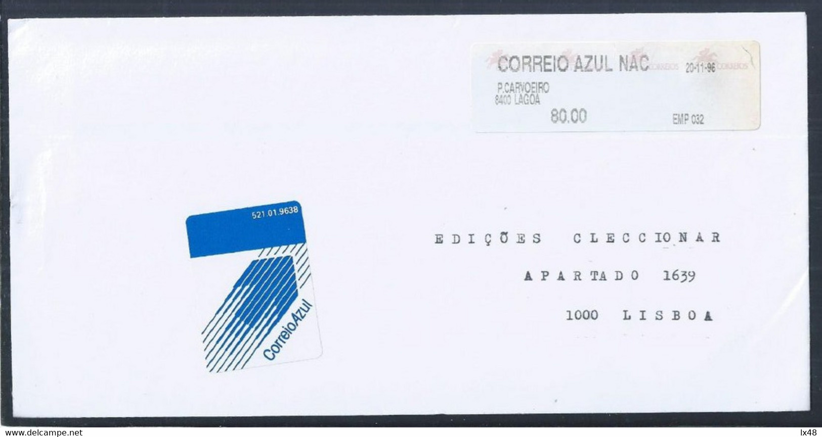 Carta Com Etiqueta De Impressão De Franquia De Correio Azul Da Praia Do Carvoeiro, Lagoa Algarve 1996. Letter Blue Mail - Storia Postale