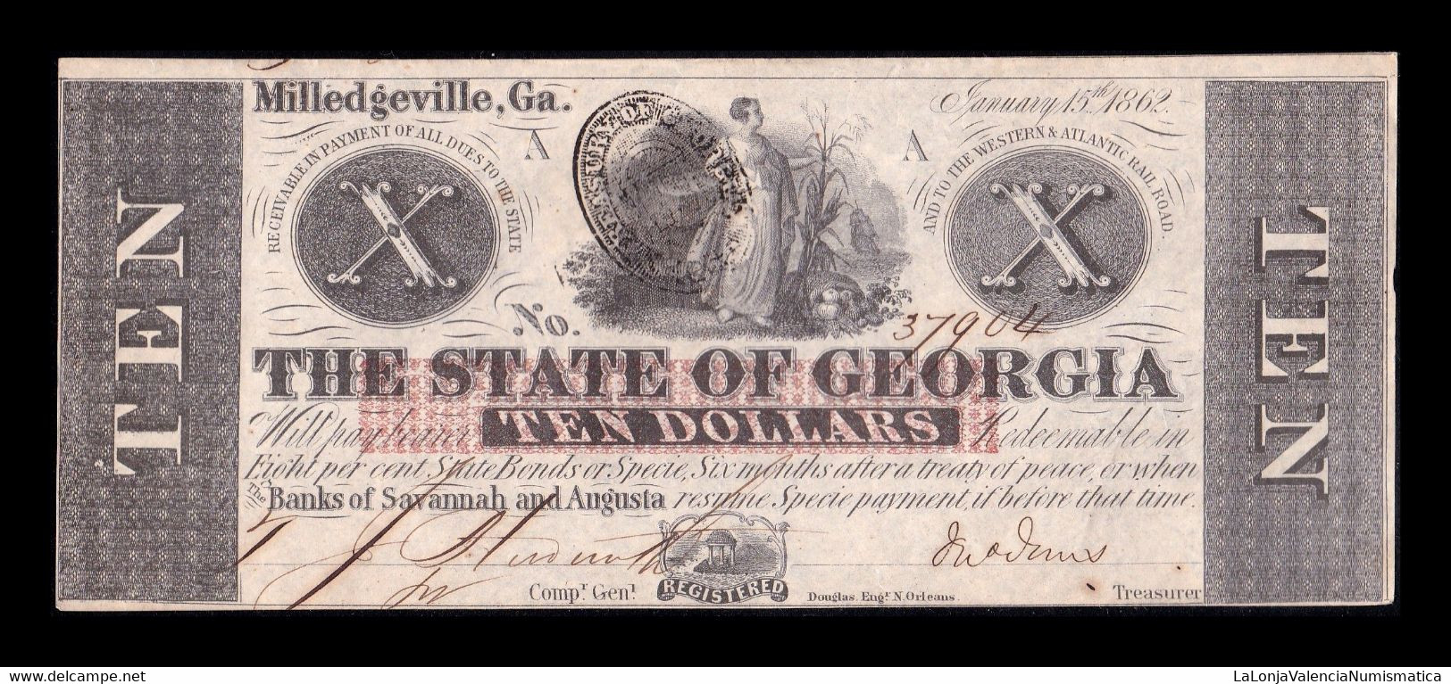 Estados Unidos The State Of Georgia 10 Dollars 1862 Pick S853 SC- AUNC - Georgia