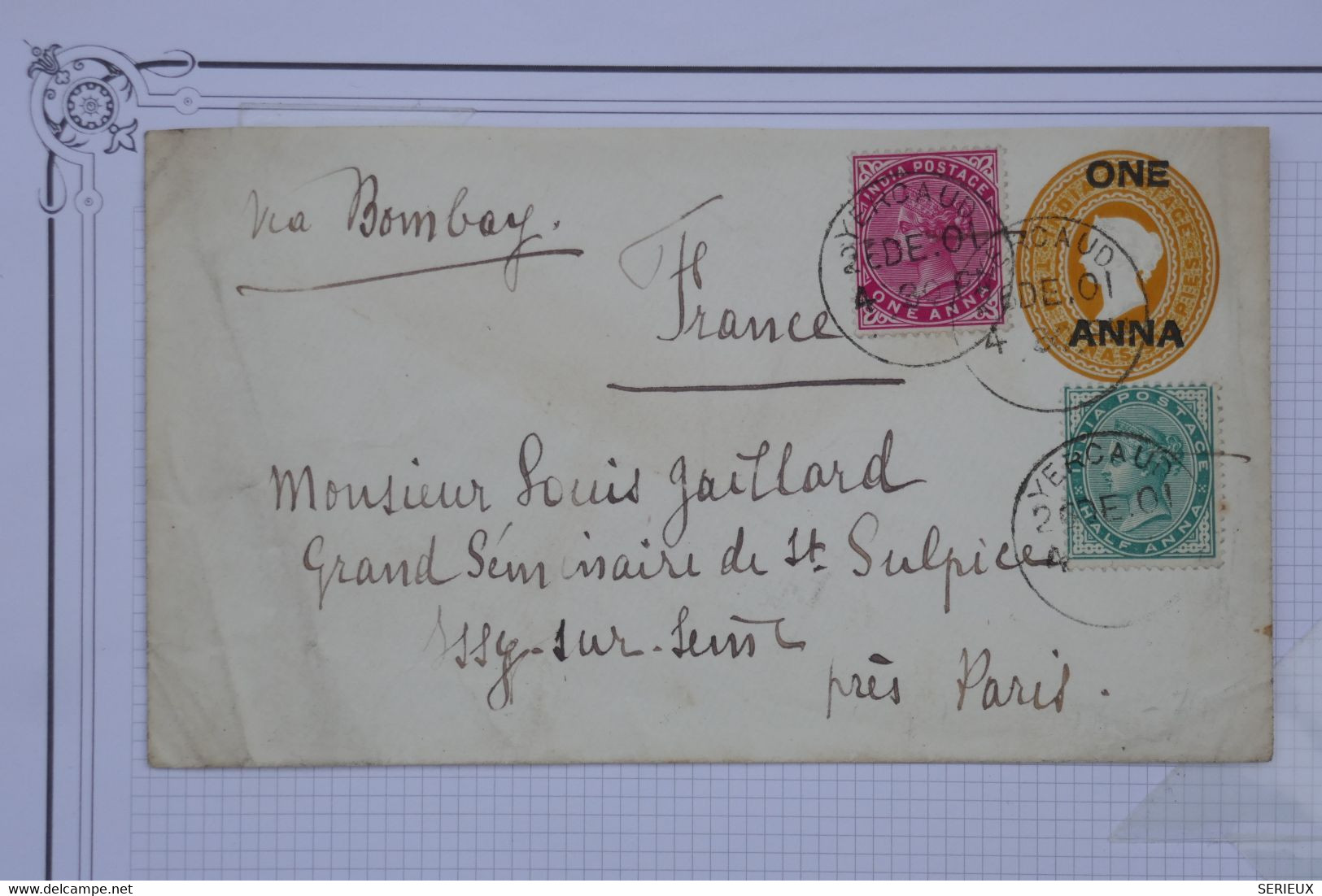 C INDE   BELLE LETTRE   1901 PETI YERCAU VIA BOMBAY POUR ISSY PARIS FRANCE  +QUEEN VICTORIA + +  AFFRANCH. INTERESSANT - 1882-1901 Empire