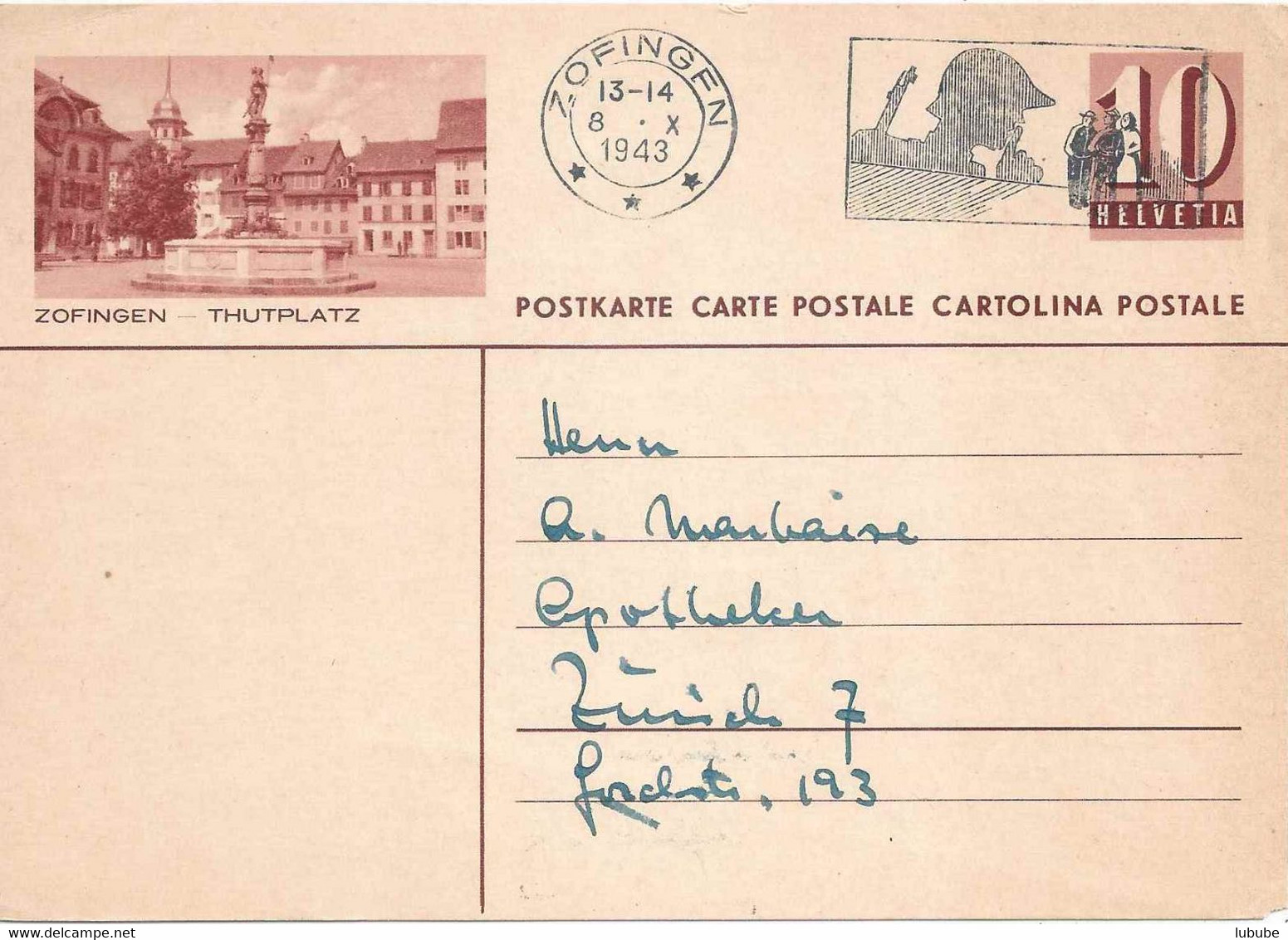 PK 158  "Zofingen - Thutplatz"  Zofingen - Zürich        1943 - Stamped Stationery