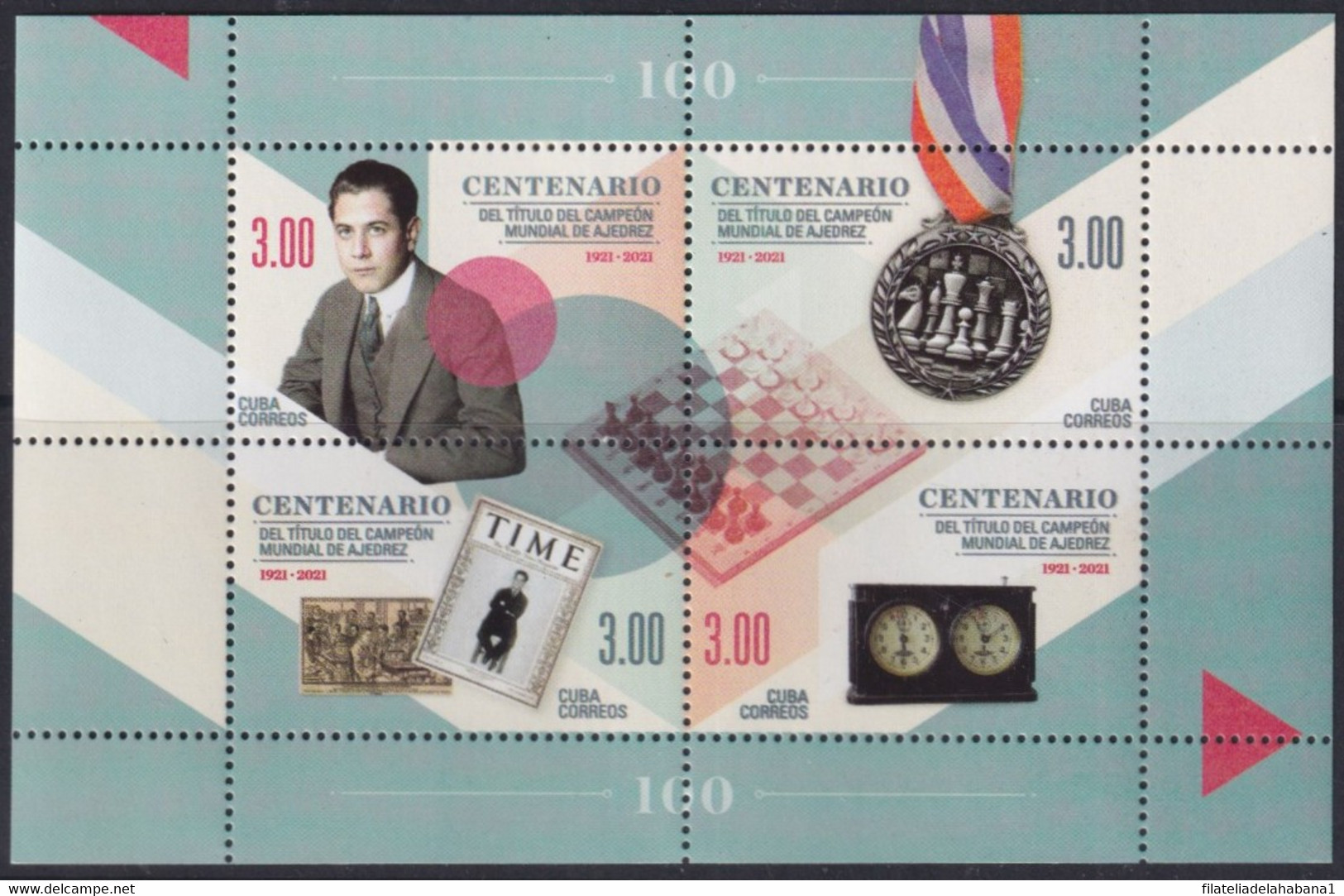 2021.33 CUBA MNH 2021 SPECIAL SHEET CENT OF WORD CHESS CHAMPIONSHIP JOSE RAUL CAPABLANCA. - Ongebruikt