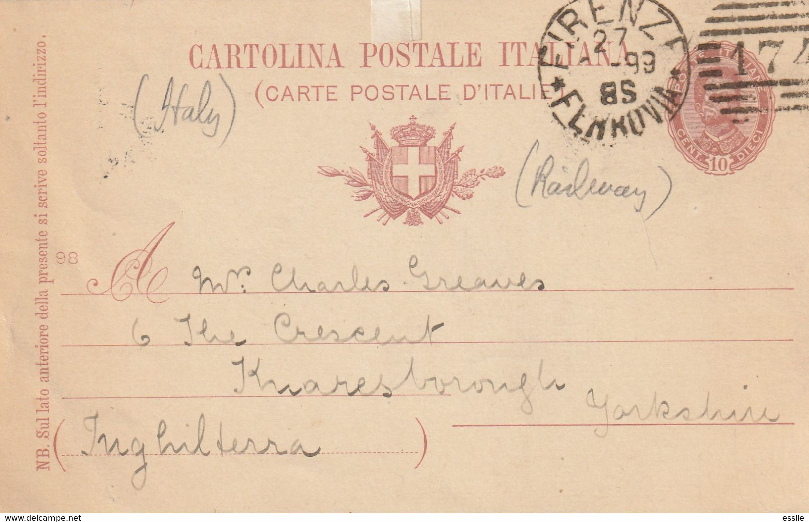Italy - 1888 (1879) - King Humbert I - Carte Postale Postal Stationery - Firenze Ferrovia 174 Railway - Altri & Non Classificati