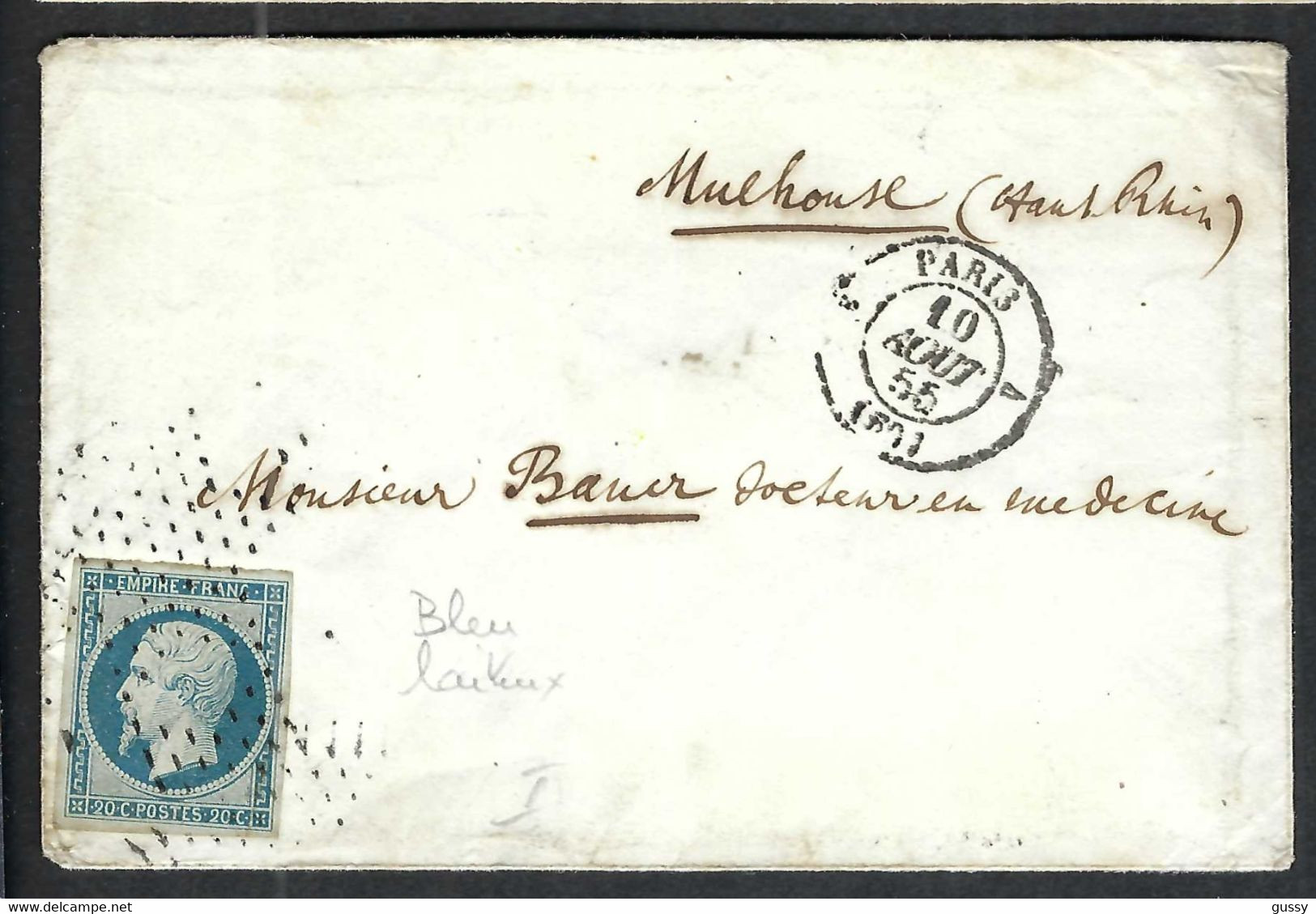 FRANCE 1855: LSC De Paris Pour Mulhouse Affr. Du Y&T 14Af (bleu Laiteux), Obl. PC 1855 - 1853-1860 Napoleon III