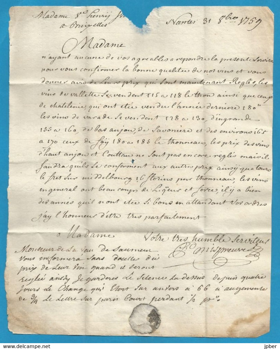 France - LAC De Nantes ("Nantes" Manuscrit) à Bruxelles Du 31/10/1759 - Port 11 - - 1701-1800: Precursori XVIII