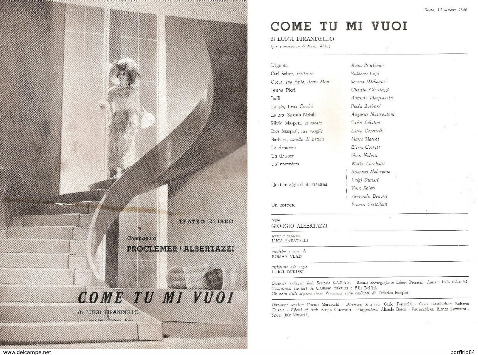 TEATRO ELISEO ROMA RARO LIBRETTO TEATRALE - COME TU MI VUOI - 1966 ALBERTAZZI - Teatro & Disfraces