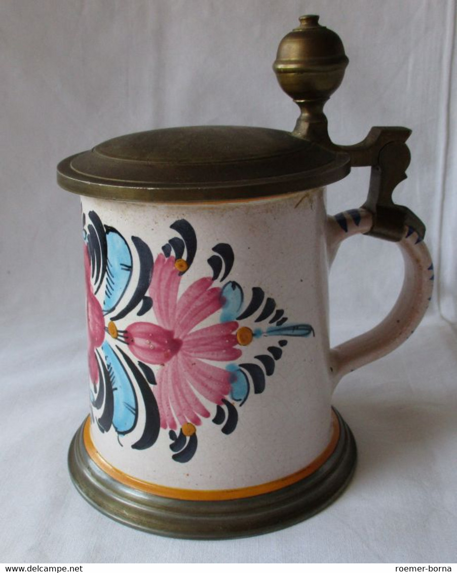 Antiker Fayence Keramik Walzenkrug Mit Zinndeckel Bauernkrug Vor 1900 (124901) - Autres & Non Classés