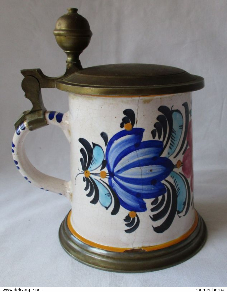 Antiker Fayence Keramik Walzenkrug Mit Zinndeckel Bauernkrug Vor 1900 (124901) - Other & Unclassified