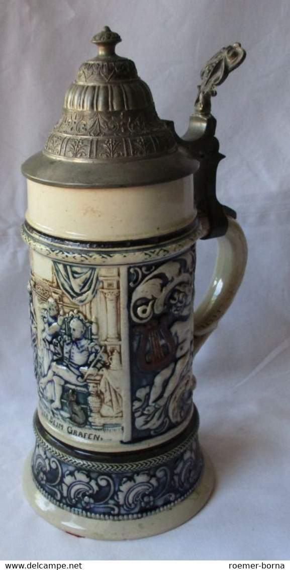 Seltener Keramikkrug 1/2 Liter Mit Spieluhr Und Zinndeckel Um 1910 (111852) - Alcools