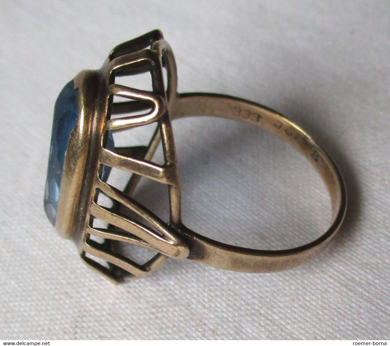 Schöner 333er Gold Damen Ring Art Déco Stil Mit Großem Blauem Stein (109361) - Anelli