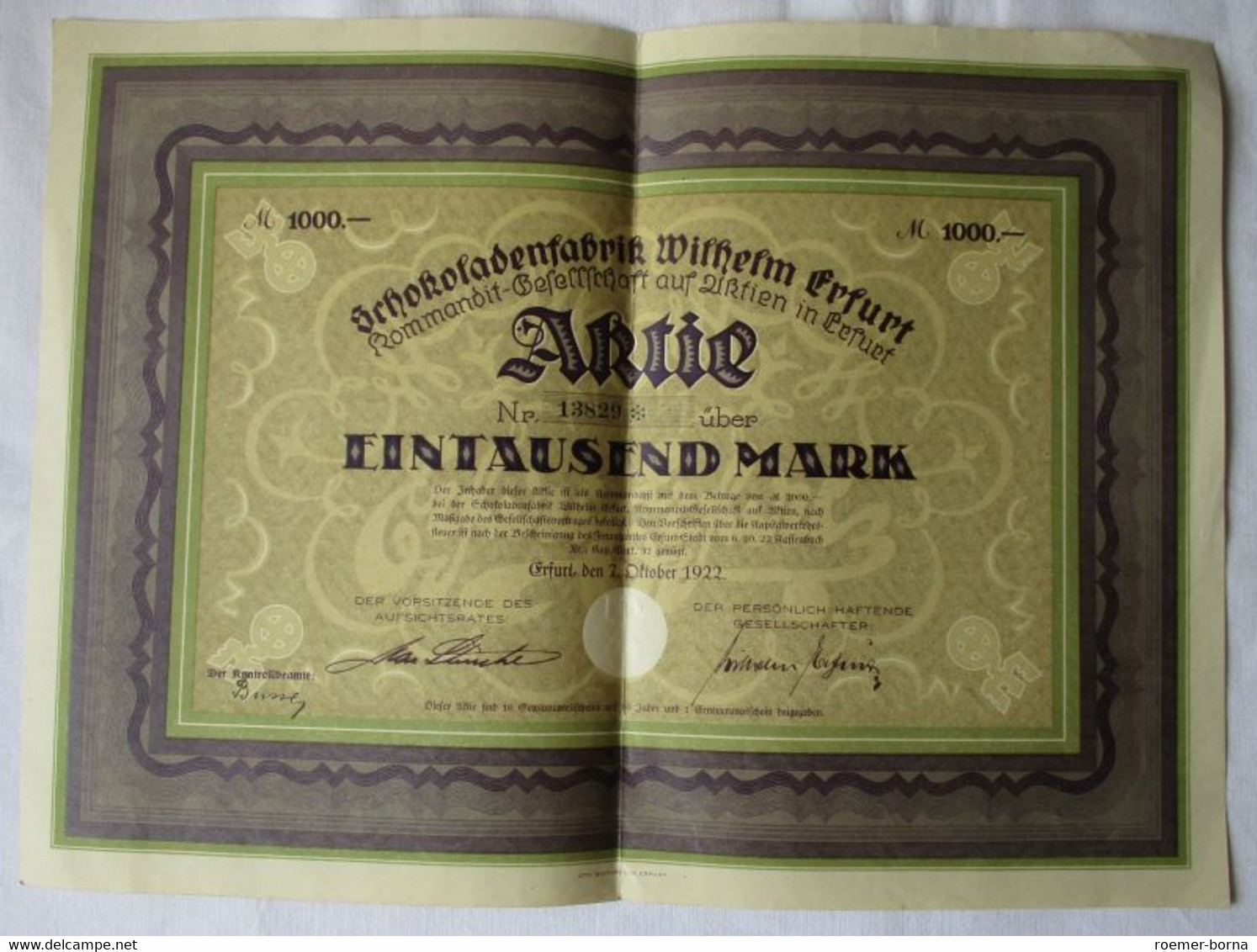 Seltene 1000 Mark Aktie Schokoladenfabrik Wilhelm Erfurt 7.10.1922 (110204) - Agriculture