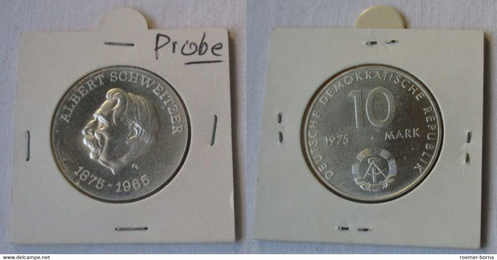 DDR Gedenk Münze 10 Mark Albert Schweitzer 1975 Motivprobe Glatter Rand (144603) - Test- & Nachprägungen