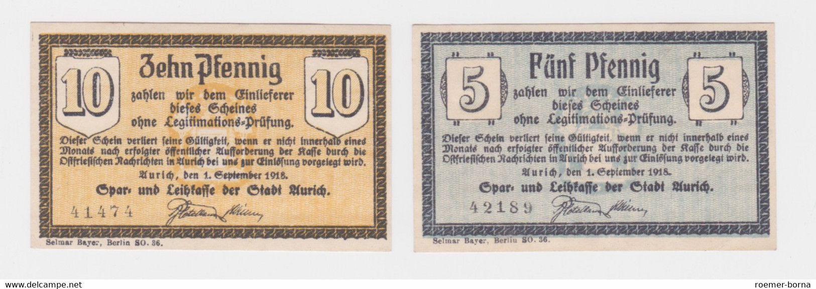 5/ 10 Pfennig Banknoten Notgeld Spar- & Leihkasse Der Stadt Aurich 1918 (137380) - Ohne Zuordnung