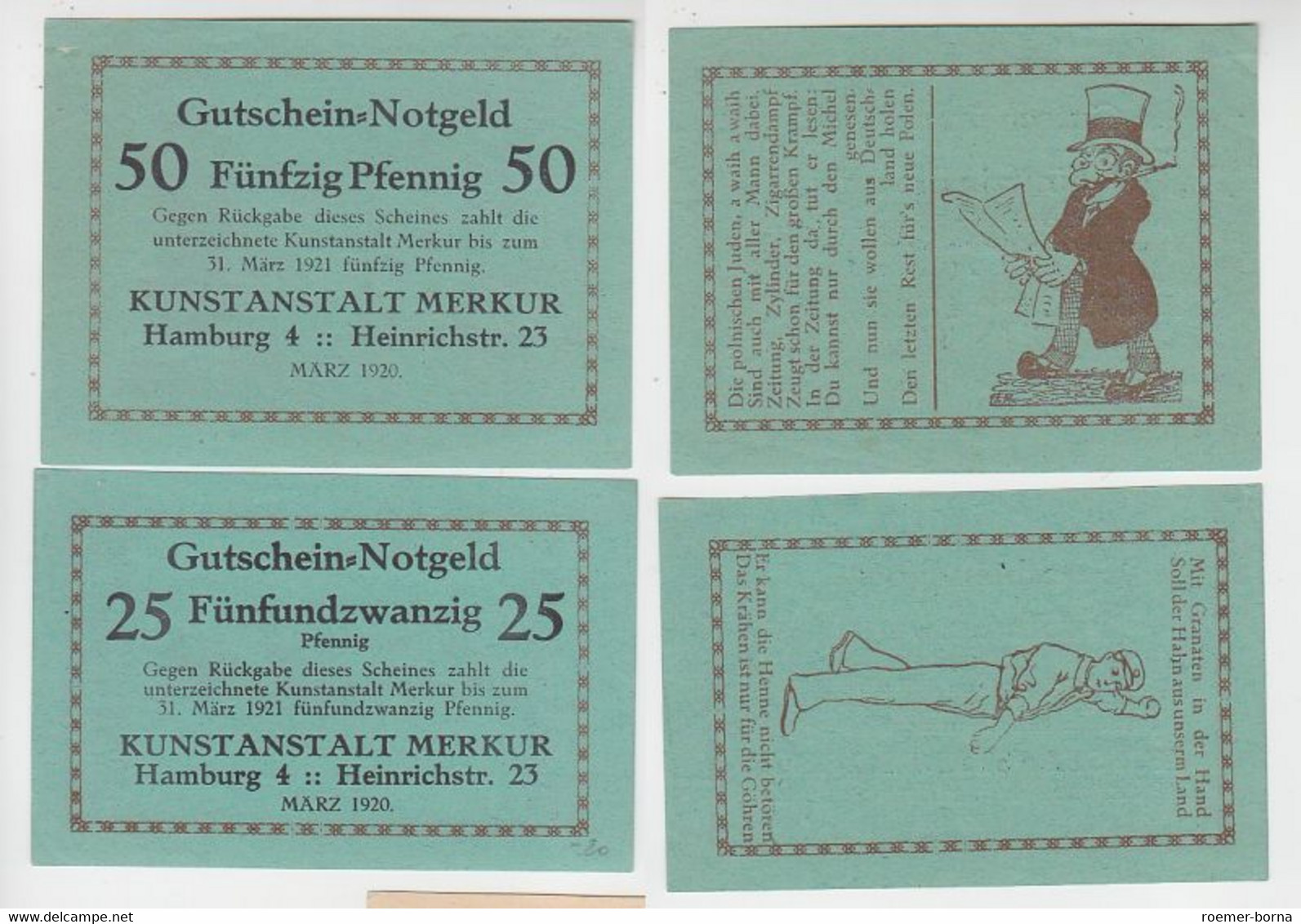 25 & 50 Pfennig Banknoten Notgeld Hamburg Kunstanstalt Merkur 1920 (116242) - Ohne Zuordnung