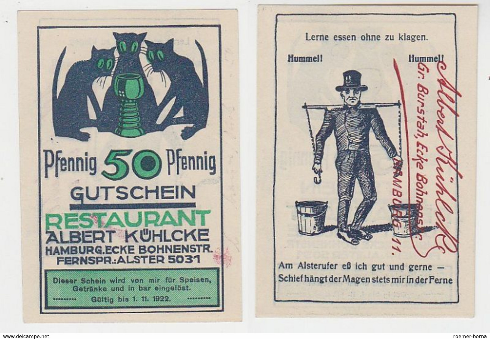 50 Pfennig Notgeld Gutschein Hamburg Restaurant Albert Kühlcke 1922 (115850) - Ohne Zuordnung