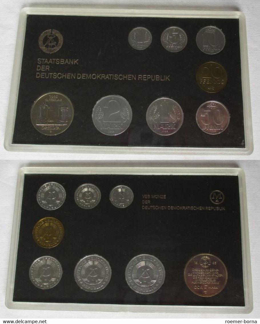 Kompletter DDR Kursmünzensatz KMS Mit 5 Mark Dresden 1985 Stgl. In OVP (104626) - Mint Sets & Proof Sets