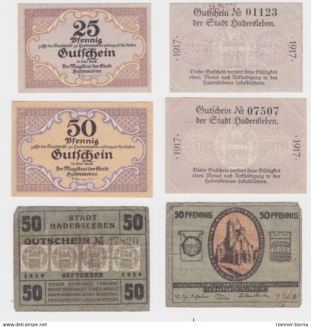 25 + 2x 50 Pfennig Banknoten Notgeld Stadt Hadersleben 1917 + 1919 (136375) - Dänemark