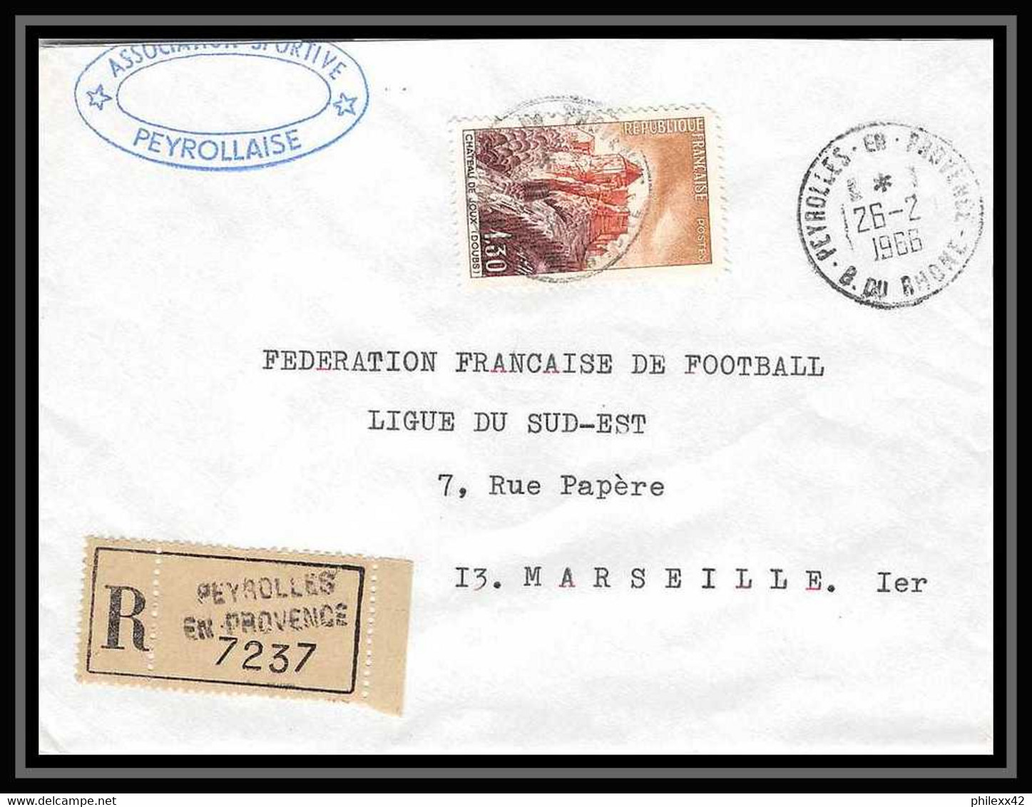 114363 Lettre Recommandé Cover Bouches Du Rhone Peyrolles N°1441 Château (castle) De Joux (Doubs) 1966 - 1921-1960: Période Moderne