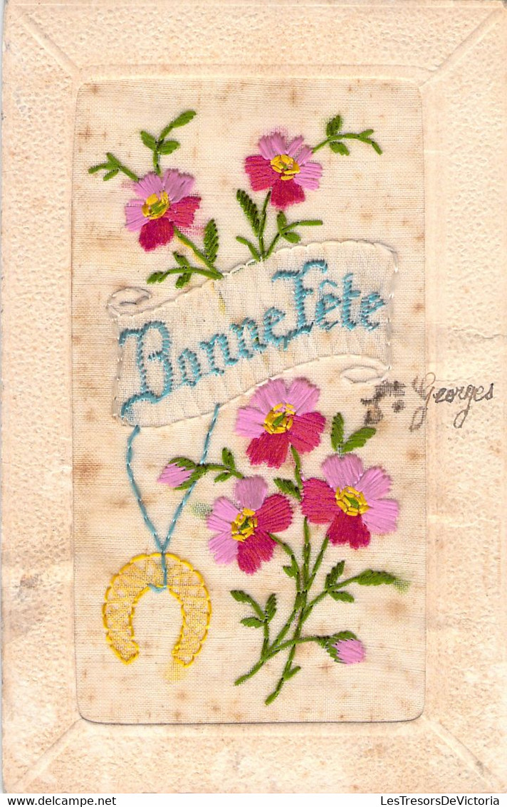 Carte Brodée Bonne Fète Bleu Et Fleurs Bleus Et Fer à Cheval - Brodées