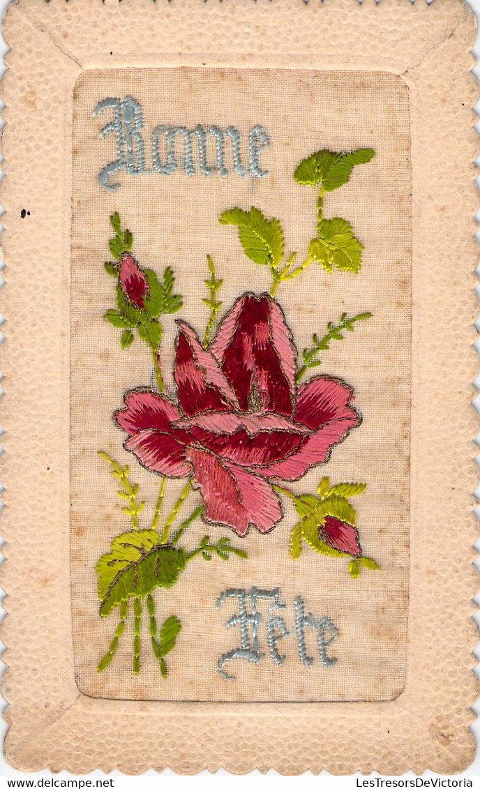 Carte Brodée Bonne Fète Bleu Et Fleur Rose - Brodées