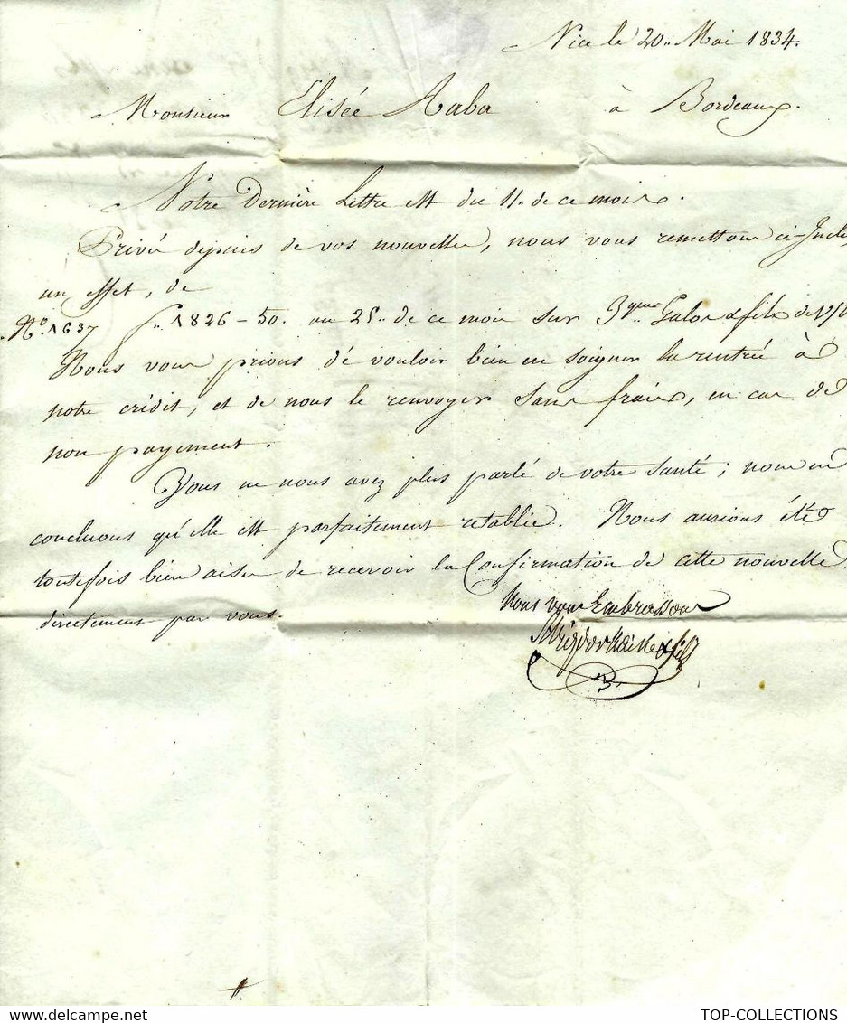 JUDAICA 1834 De Nice Sign. Avigdor L’Ainé Pour Elisée Raba Bordeaux BANQUE FINANCE NEGOCE VOIR SCANS+HISTORIQUE - Otros & Sin Clasificación