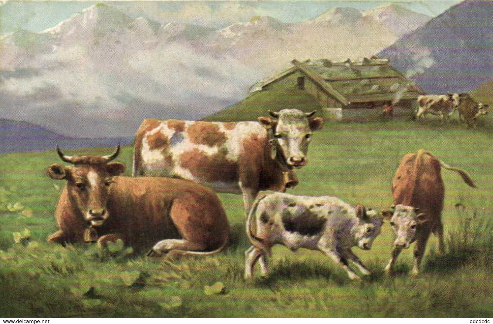 Illustrateue Paysage Chalet Vaches Et Veaux Au Paturage Pionnière  RV - Paintings