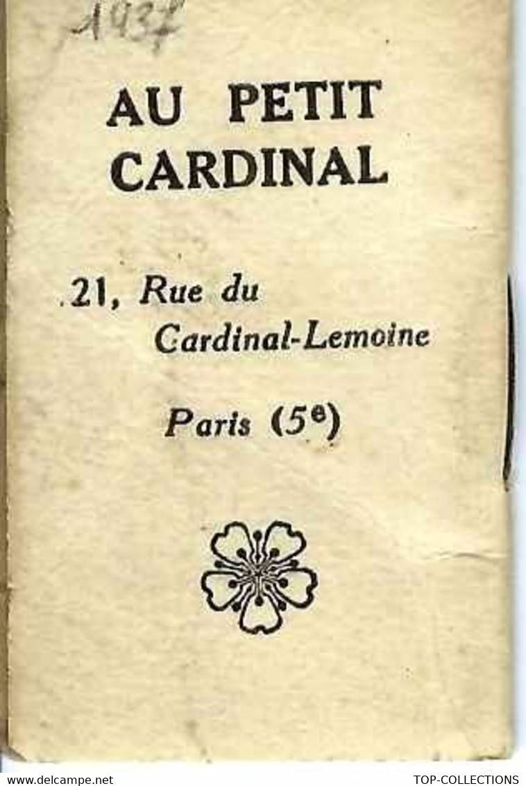 Art Déco PUBLICITE Paris « Au Petit Cardinal » CALENDRIER 1937 PETIT FORMAT SUPERBE LITHOGRAPHIE EN COULEuRS - Pubblicitari