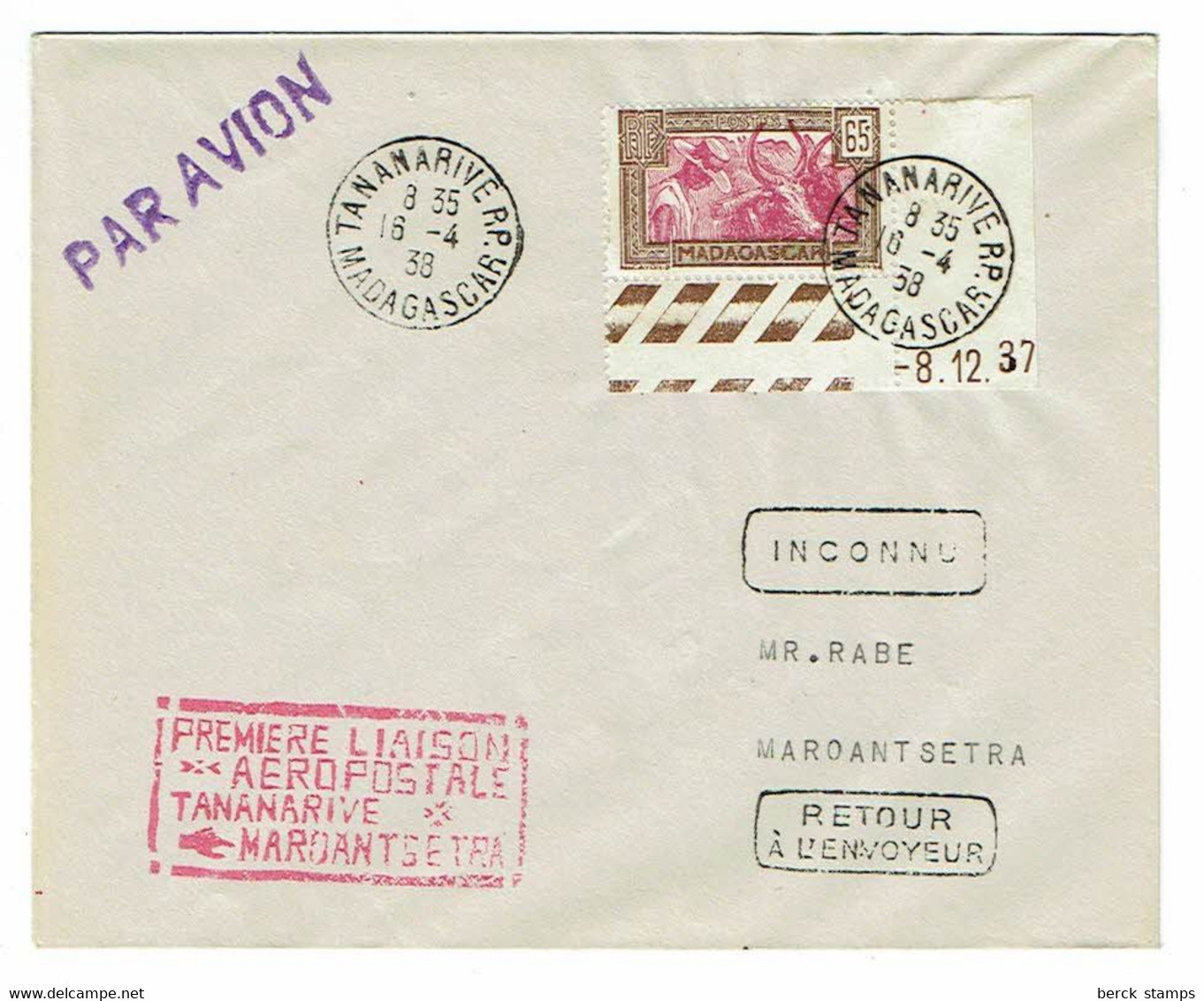 Madagascar - N° 172 - Première Liaison Aéropostale Tananarive - Maroantsetra Du 16/04/1938 -Coin Daté - Other & Unclassified