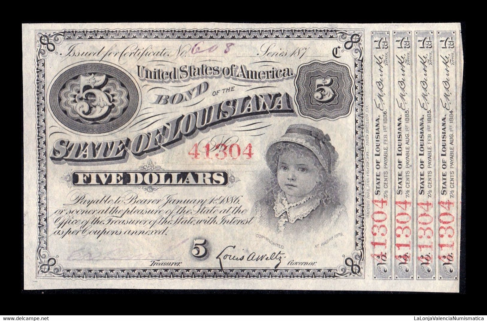 Estados Unidos United States Bono 5 Dollars 1878 State Of Louisiana SC UNC - Andere & Zonder Classificatie