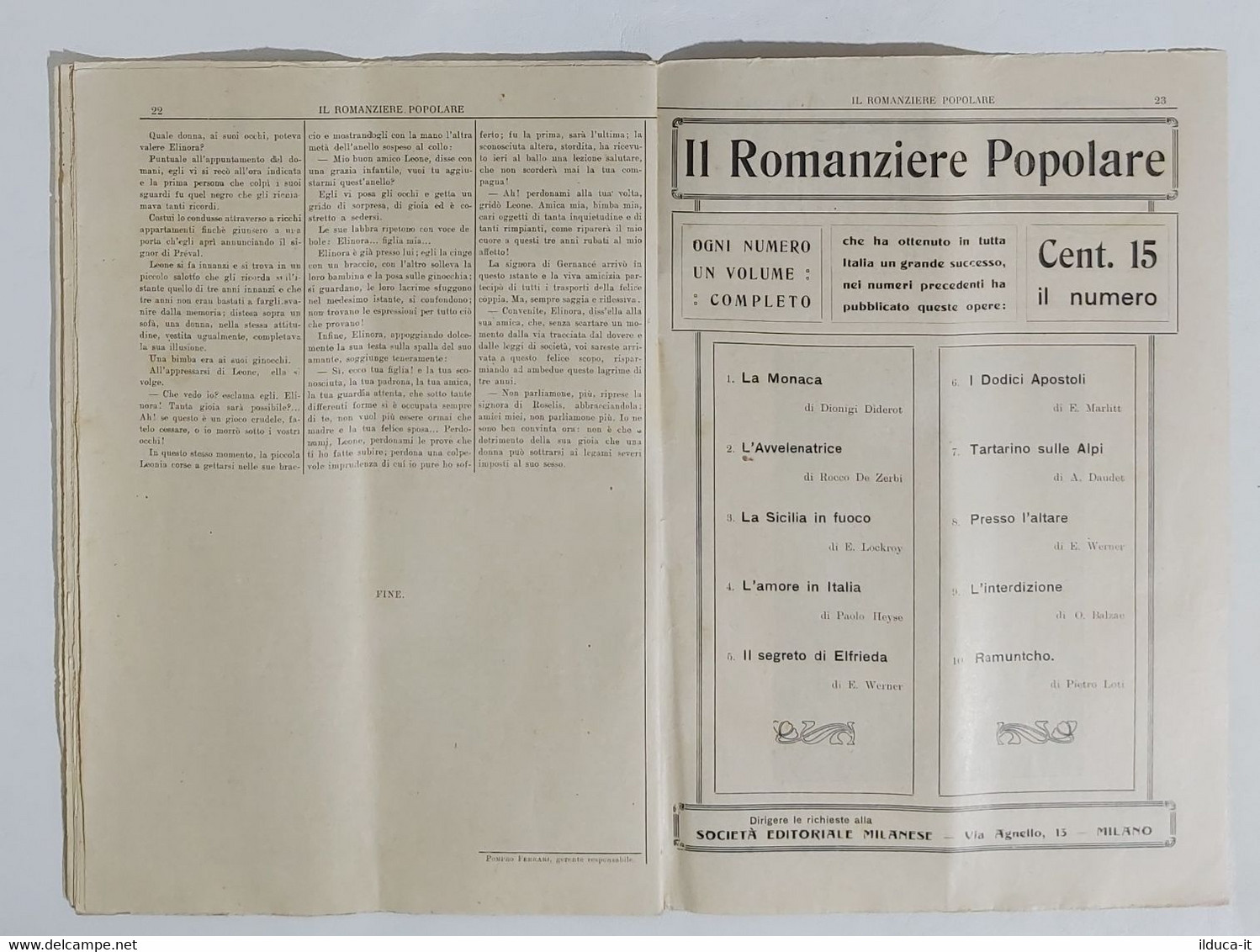 06971 Il Romanziere Popolare N.11 1911 - Balzac - La Grenadiere - Novelle, Racconti