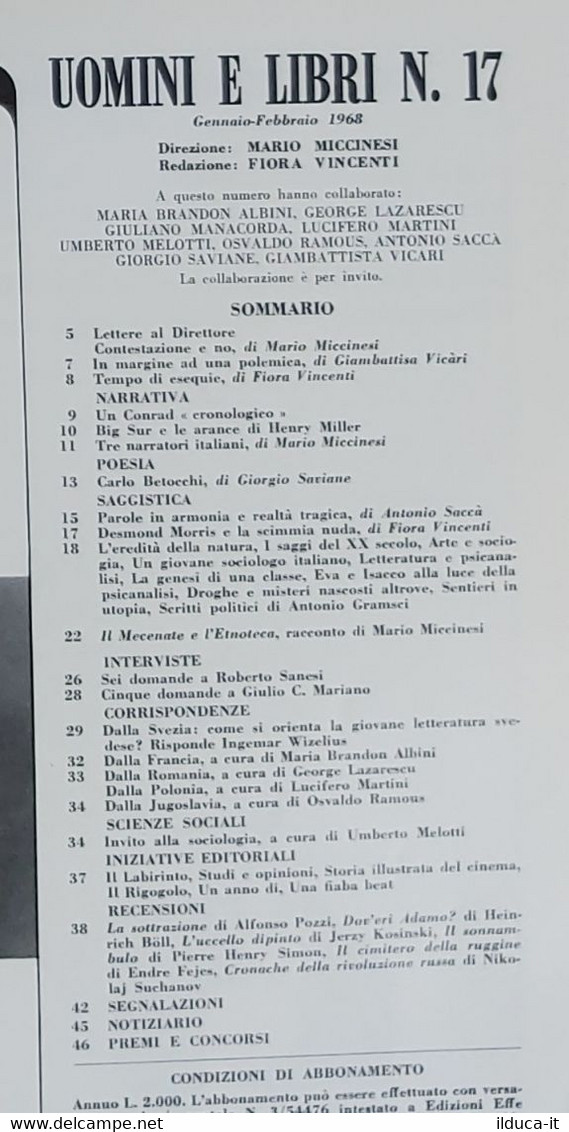 08387 Uomini E Libri N. 17 - Edizioni Effe Emme 1968 - Essays, Literaturkritik