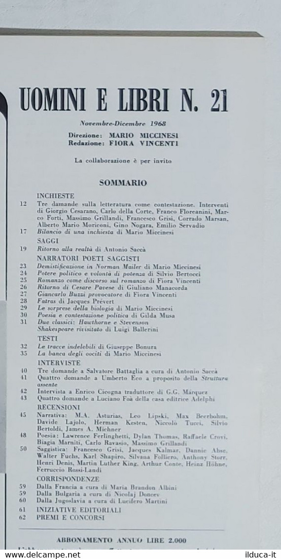 08392 Uomini E Libri N. 21 - Edizioni Effe Emme 1968 - Essays, Literaturkritik