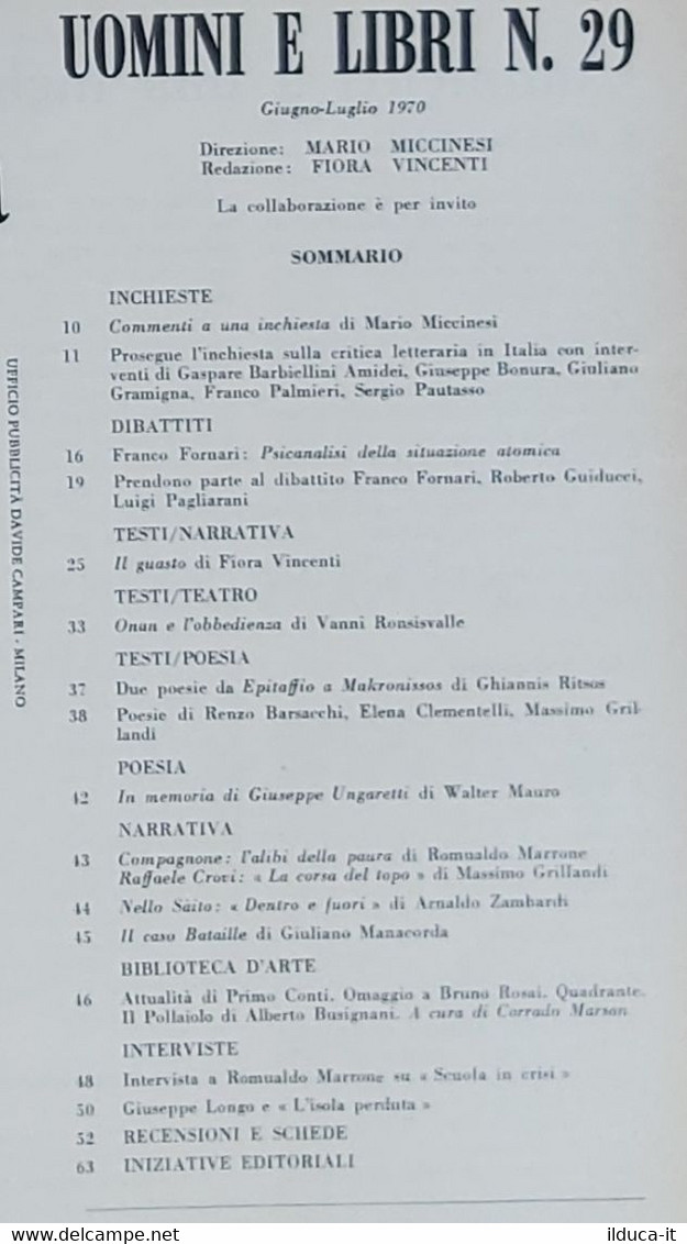 08409 Uomini E Libri N. 29 - Edizioni Effe Emme 1970 - Critica