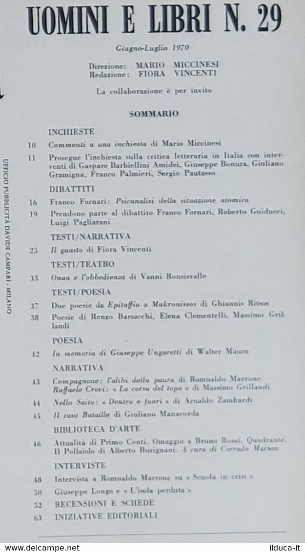 08409 Uomini E Libri N. 29 - Edizioni Effe Emme 1970 - Essays, Literaturkritik