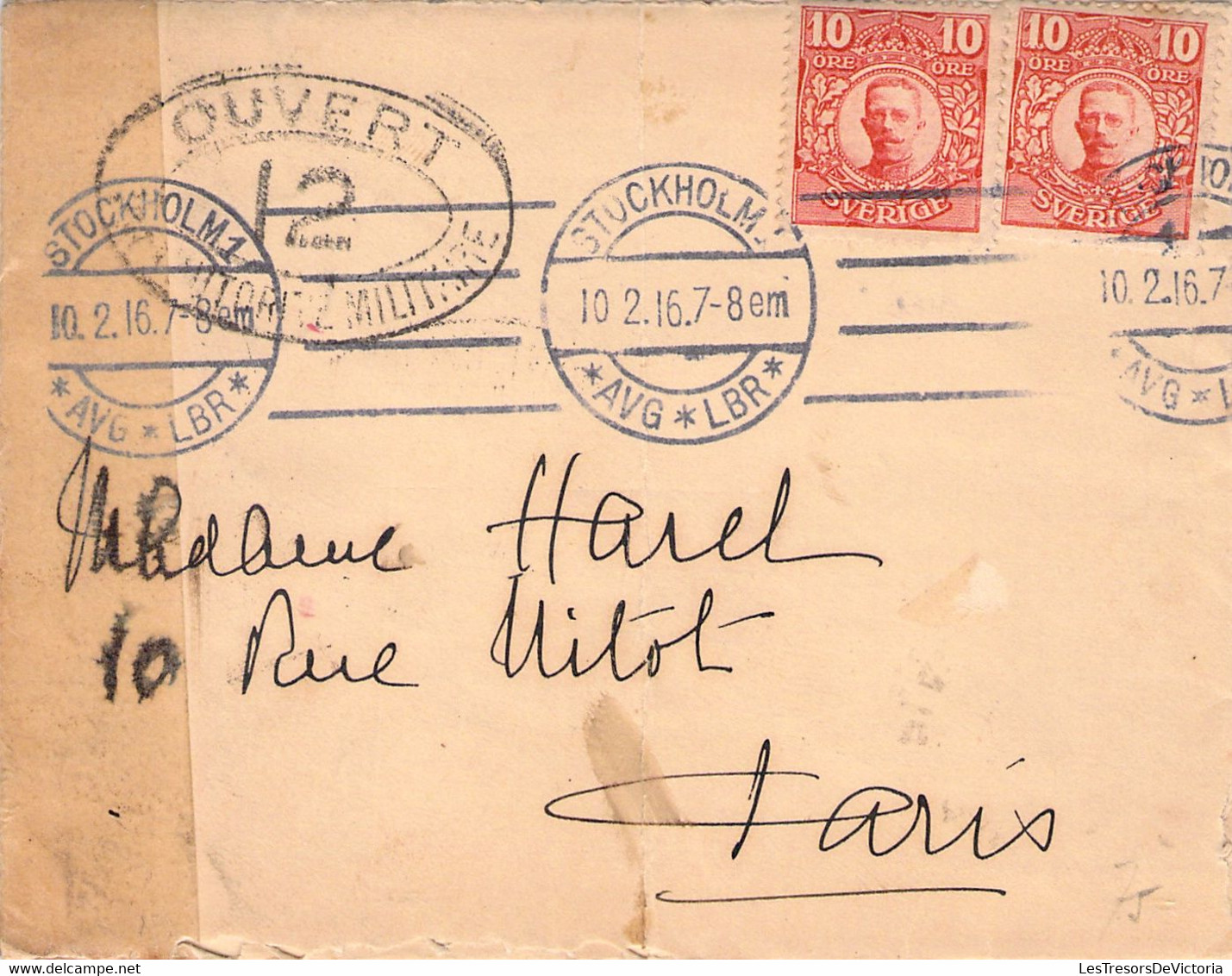 Enveloppe De Suede Stuckholm à Paris France  En 1916 - Cachet De Censure Militaire Français " Ouvert " - 1910-1920 Gustaf V