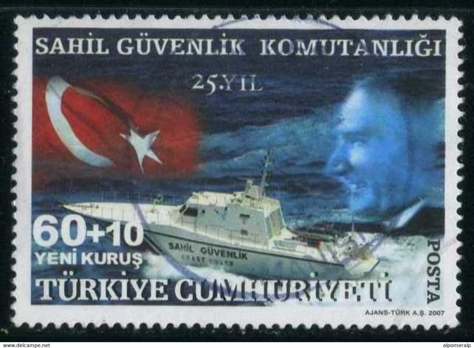 Türkiye 2007 Mi 3608 25th Year Of Turkish Coast Guard Command | Atatürk, Coast Guard Boat, Ship And Flag - Oblitérés