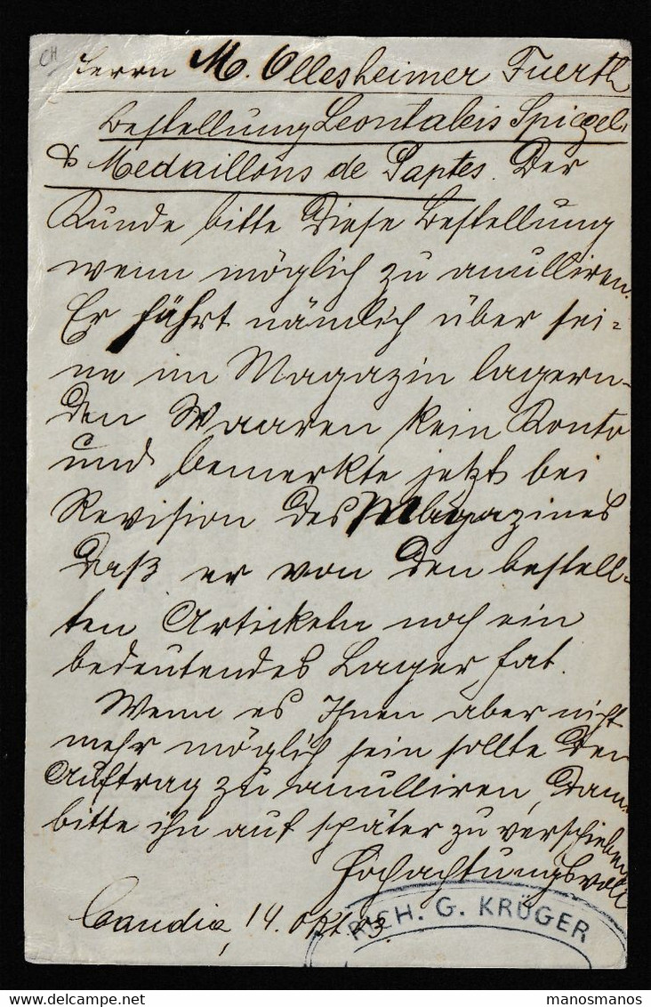 DDBB 471 - Entier Mouchon CRETE 10 C Cachet Perlé CANDIE Crète 1903 Vers FUERTH Allemagne - Otros & Sin Clasificación