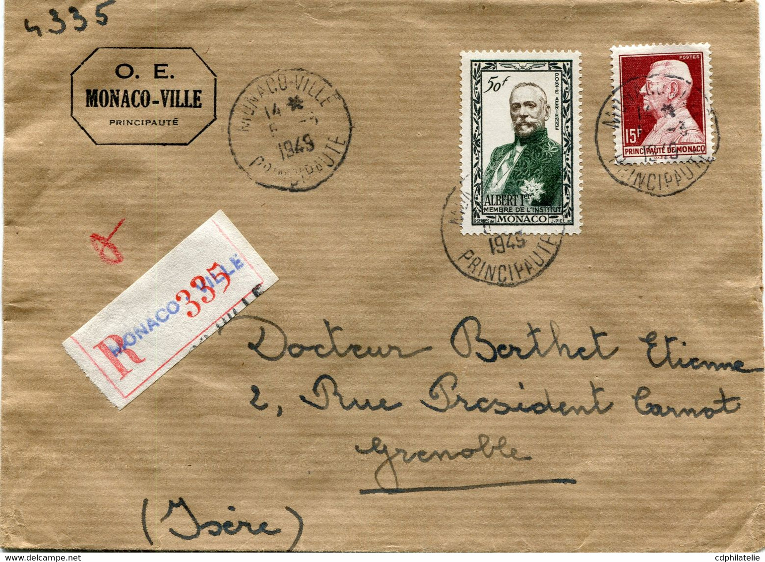 MONACO LETTRE RECOMMANDEE DEPART MONACO - VILLE 5-3-1949 PRINCIPAUTE POUR LA FRANCE - Lettres & Documents
