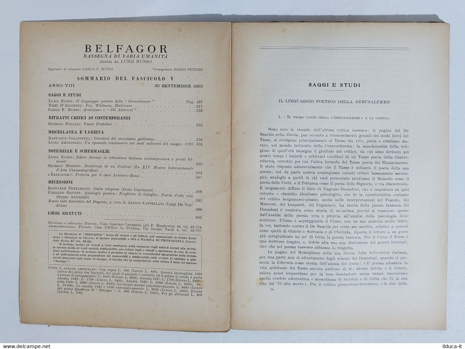 23095 Belfagor - Rass. Di Varia Umanità - Luigi Russo - A. VIII N° 5 1953 - Critica