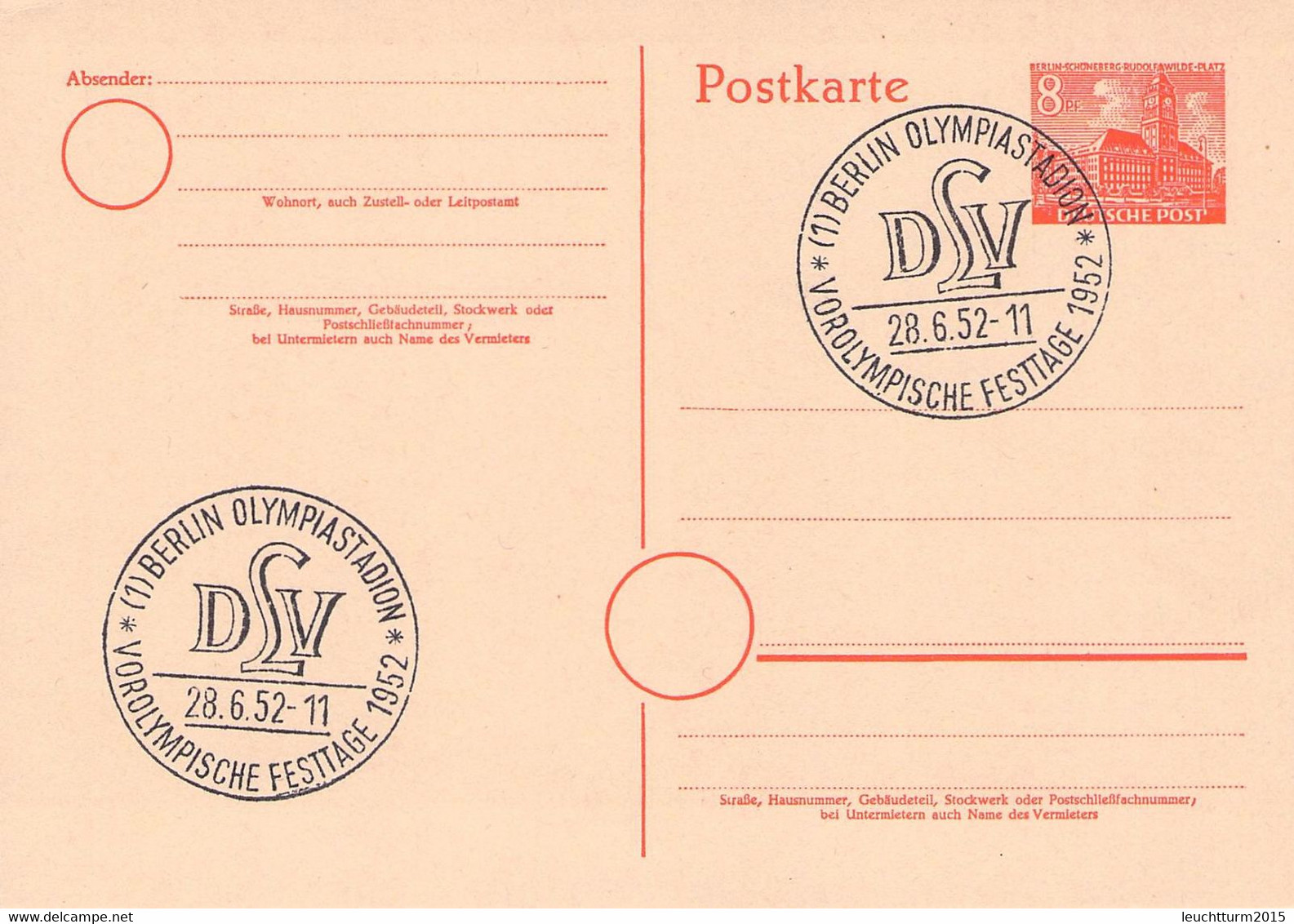BERLIN - POSTKARTE 8 PF 1952 SSt VOROLYMPISCHE FESTTAGE 1952 / ZO143 - Postcards - Used