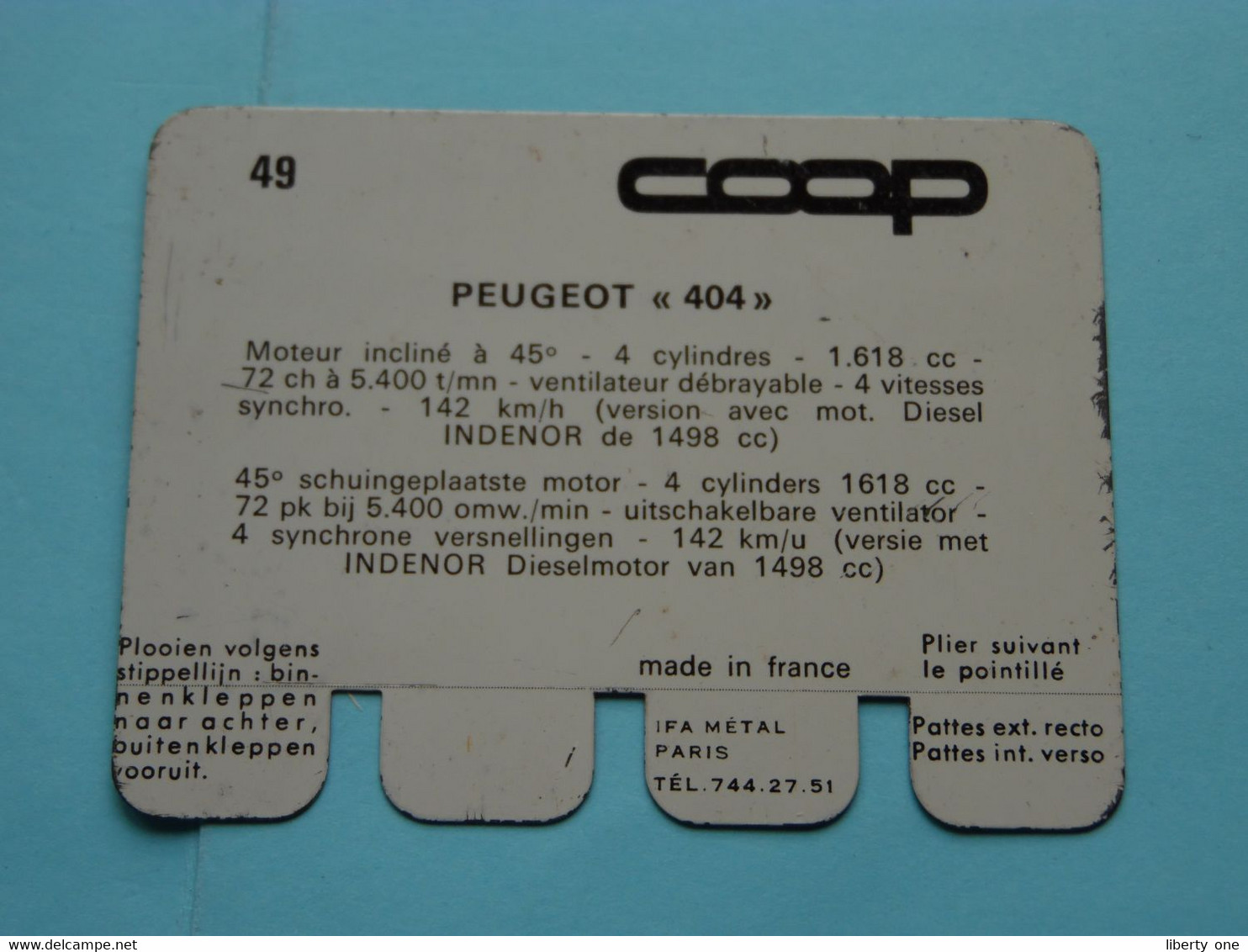 PEUGEOT 404 - Coll. N° 49 NL/FR ( Plaquette C O O P - Voir Photo - IFA Metal Paris ) ! - Blechschilder (ab 1960)