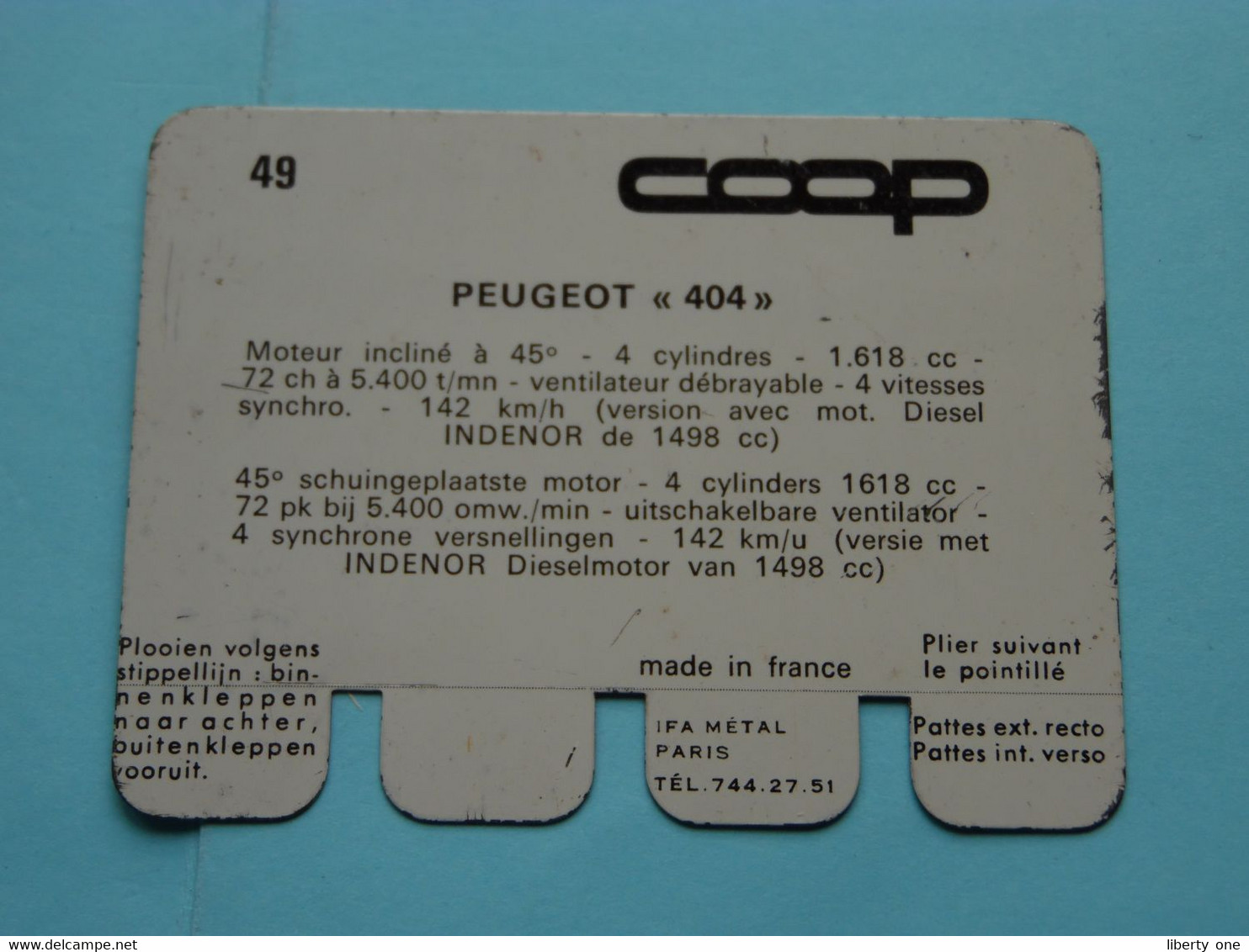 PEUGEOT 404 - Coll. N° 49 NL/FR ( Plaquette C O O P - Voir Photo - IFA Metal Paris ) ! - Plaques En Tôle (après 1960)