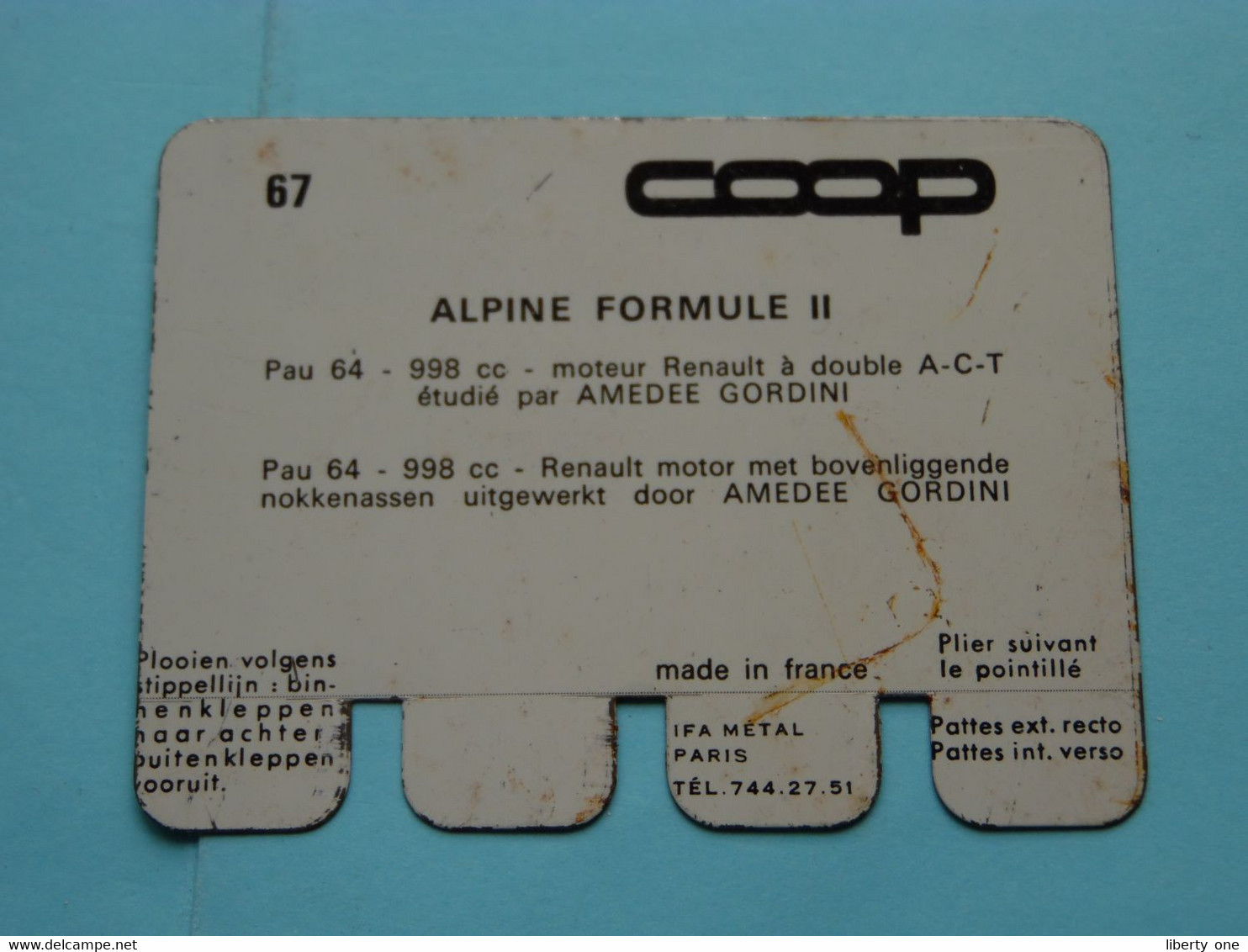 ALPINE FORMULE II - Coll. N° 67 NL/FR ( Plaquette C O O P - Voir Photo - IFA Metal Paris ) ! - Targhe In Lamiera (a Partire Dal 1961)