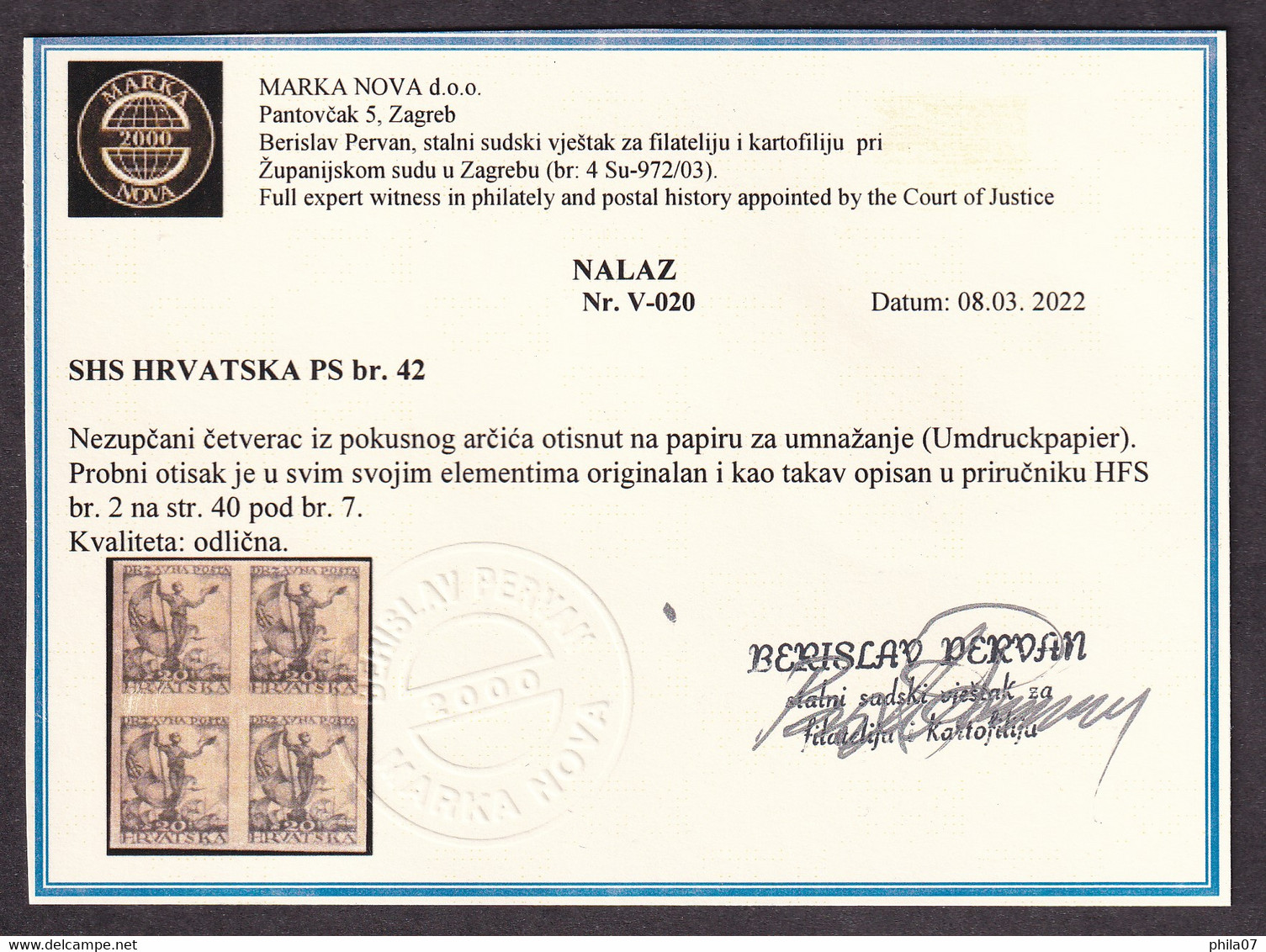 SHS CROATIA PS No. 42 - Short Opinion Pervan - Imperforate Block Of Four From Trial Sheet Printed On Paper ... / 3 Scans - Neufs