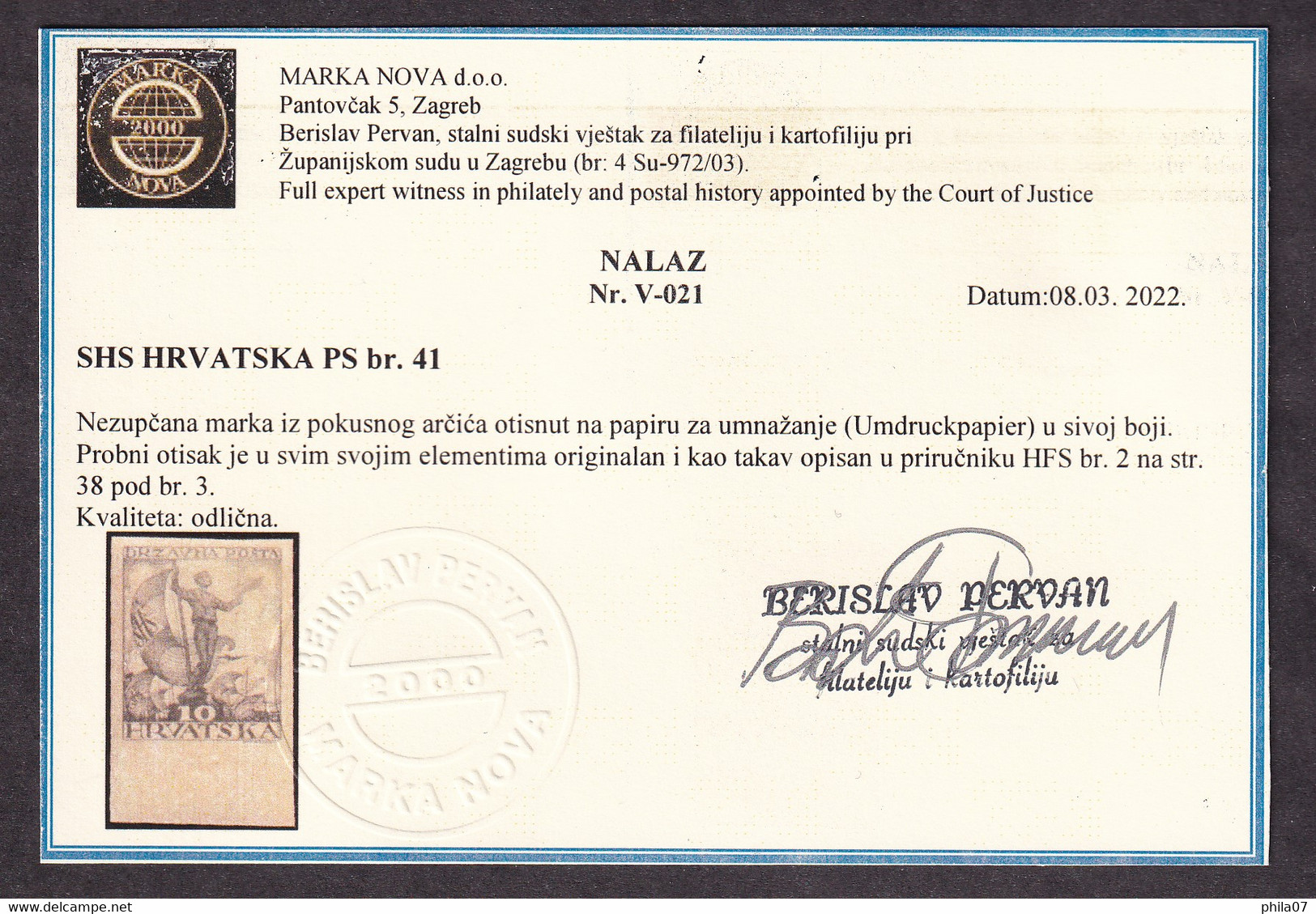 SHS CROATIA PS No. 41 - Short Opinion Pervan - Imperforate Stamp From Trial Sheet Printed On Paper For Mul ... / 3 Scans - Neufs