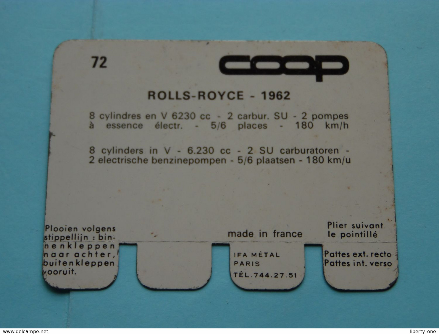 ROLLS-ROYCE - 1962 - Coll. N° 72 NL/FR ( Plaquette C O O P - Voir Photo - IFA Metal Paris ) ! - Targhe In Lamiera (a Partire Dal 1961)